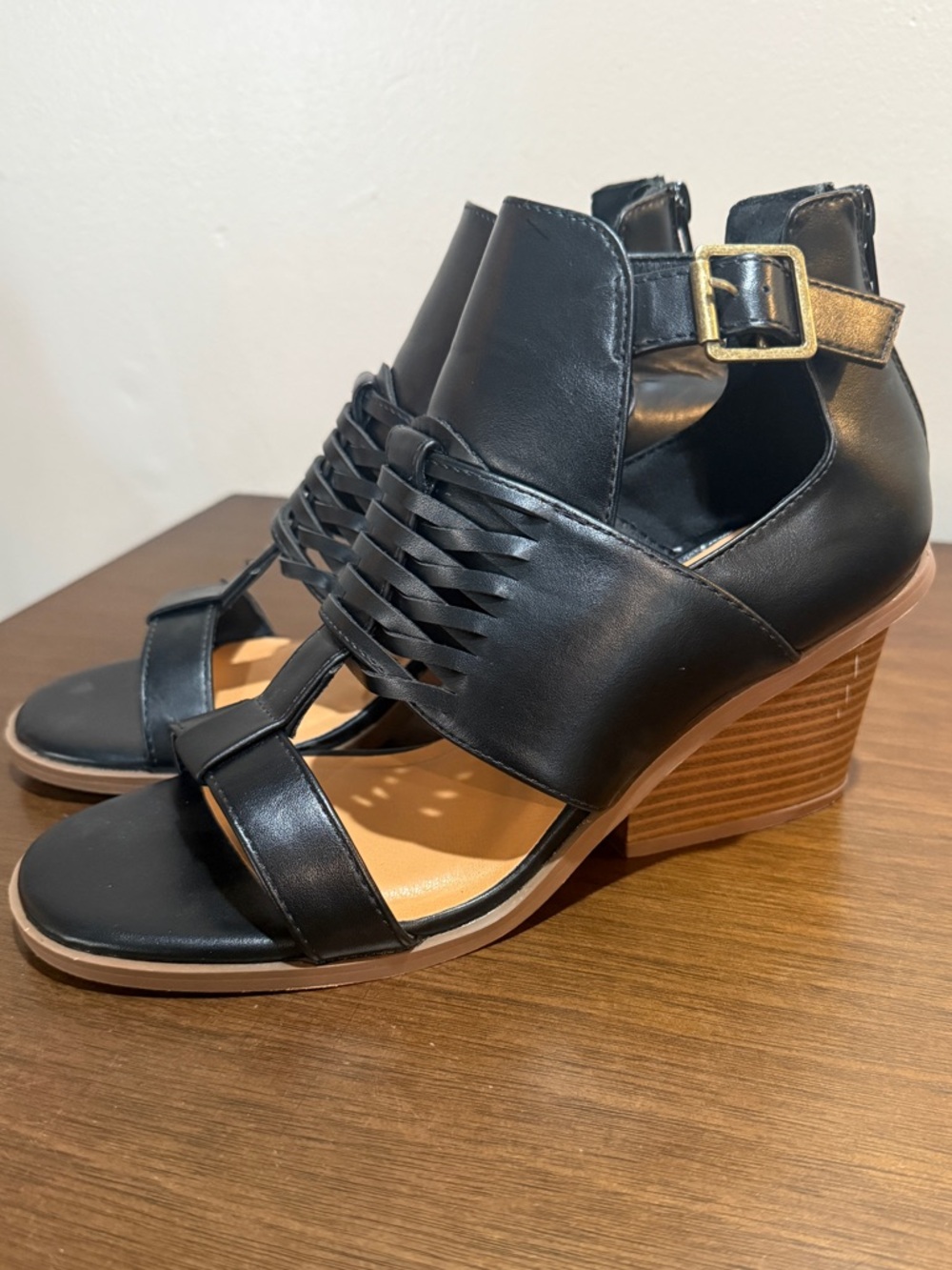Maurices Black Woven Front Wedge Sandals with Buckle